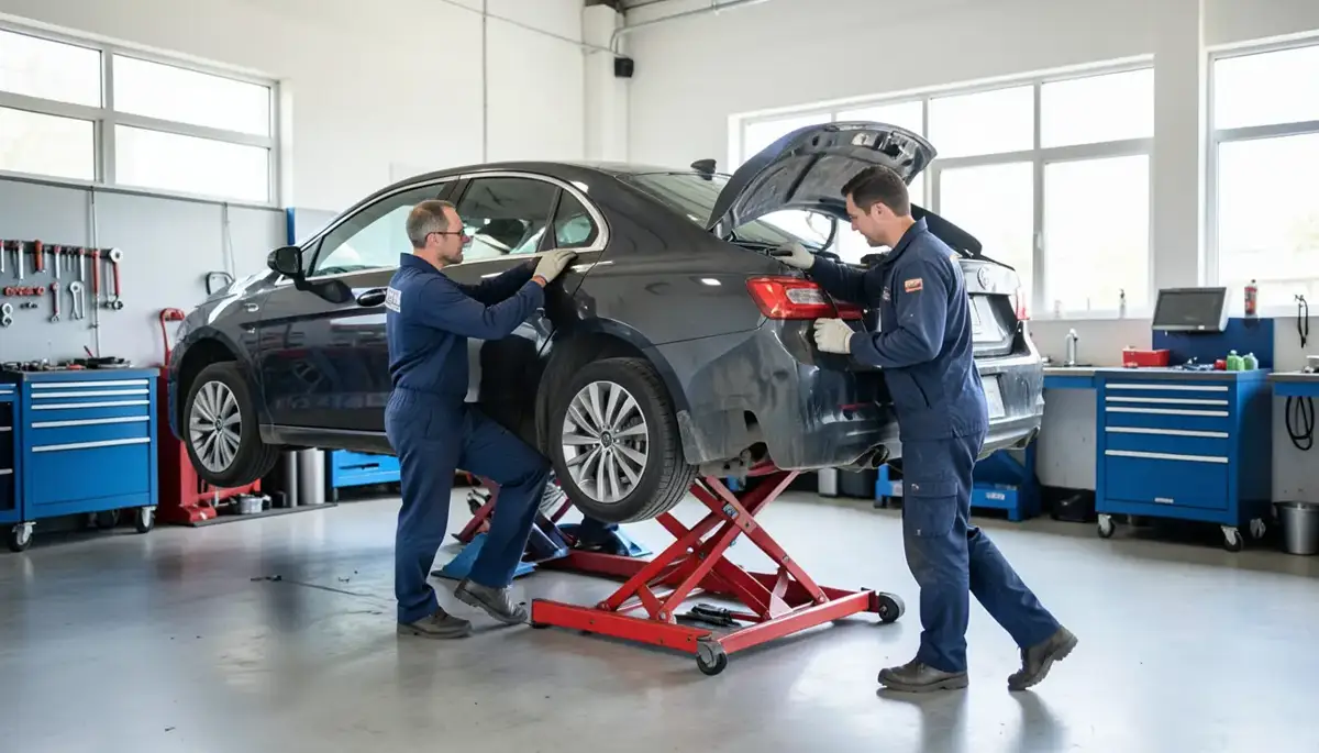 Two mechanics lifting a car with a jack in an auto repair garage