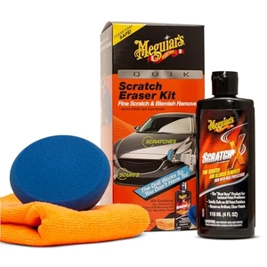 Meguiar's Quik Scratch Eraser Kit with drill-mounted buffing pad, ScratchX, and microfiber towel
