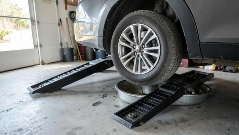 Car front wheel raised on black metal ramps in a home garage with a drain pan positioned underneath for an oil change