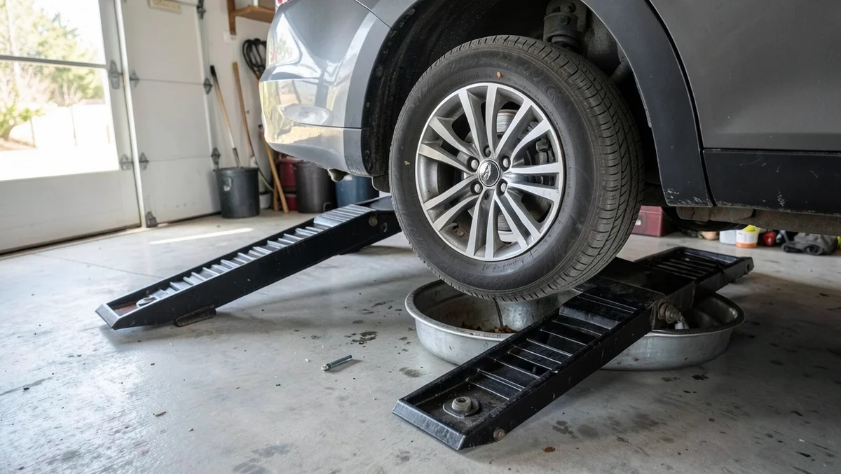 Car front wheel raised on black metal ramps in a home garage with a drain pan positioned underneath for an oil change