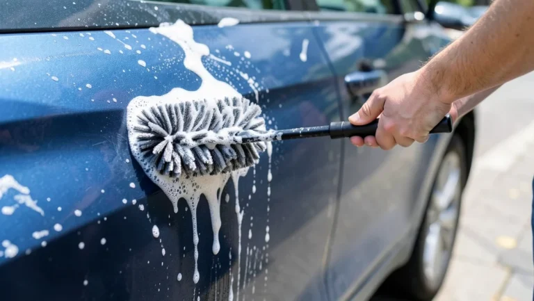 Person washing a car door panel with a long-handled microfiber chenille wash brush and soapy suds