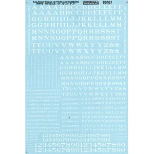 Microscale HO scale white Roman letters and numbers waterslide decal sheet used for slot car and model lettering