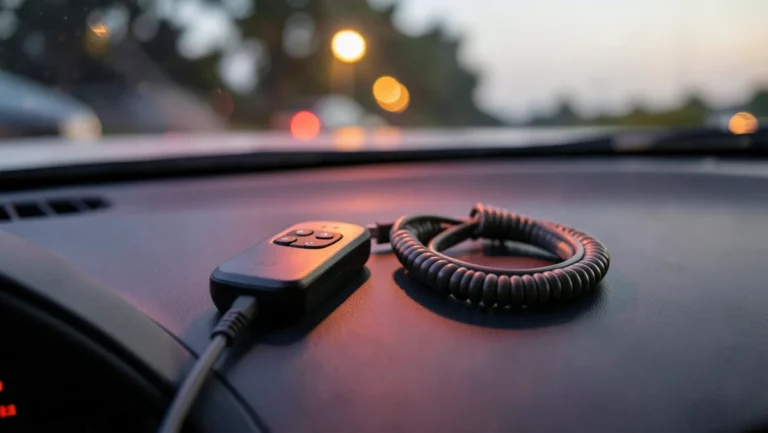 Wireless remote control and coiled USB cable for a car LED accessory light resting on a car dashboard at dusk