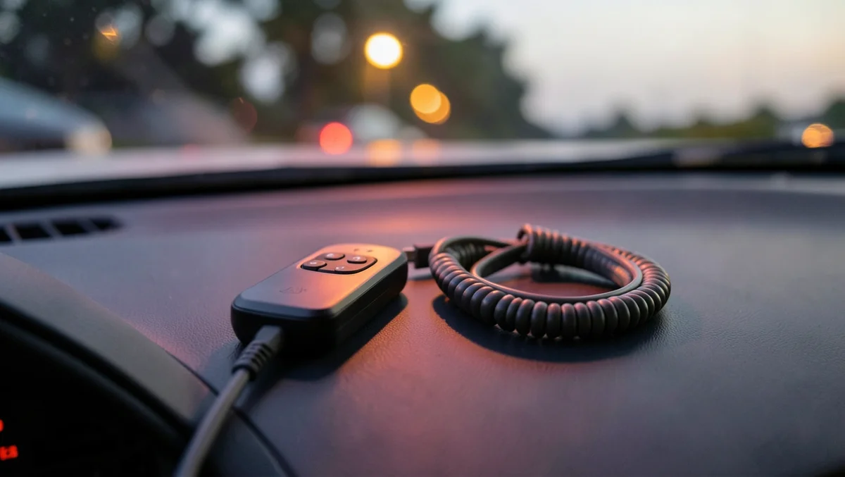 Wireless remote control and coiled USB cable for a car LED accessory light resting on a car dashboard at dusk