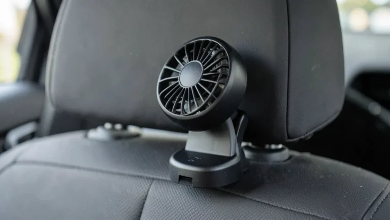Small mini clip-on fan mounted to a car headrest blowing air toward the back seat