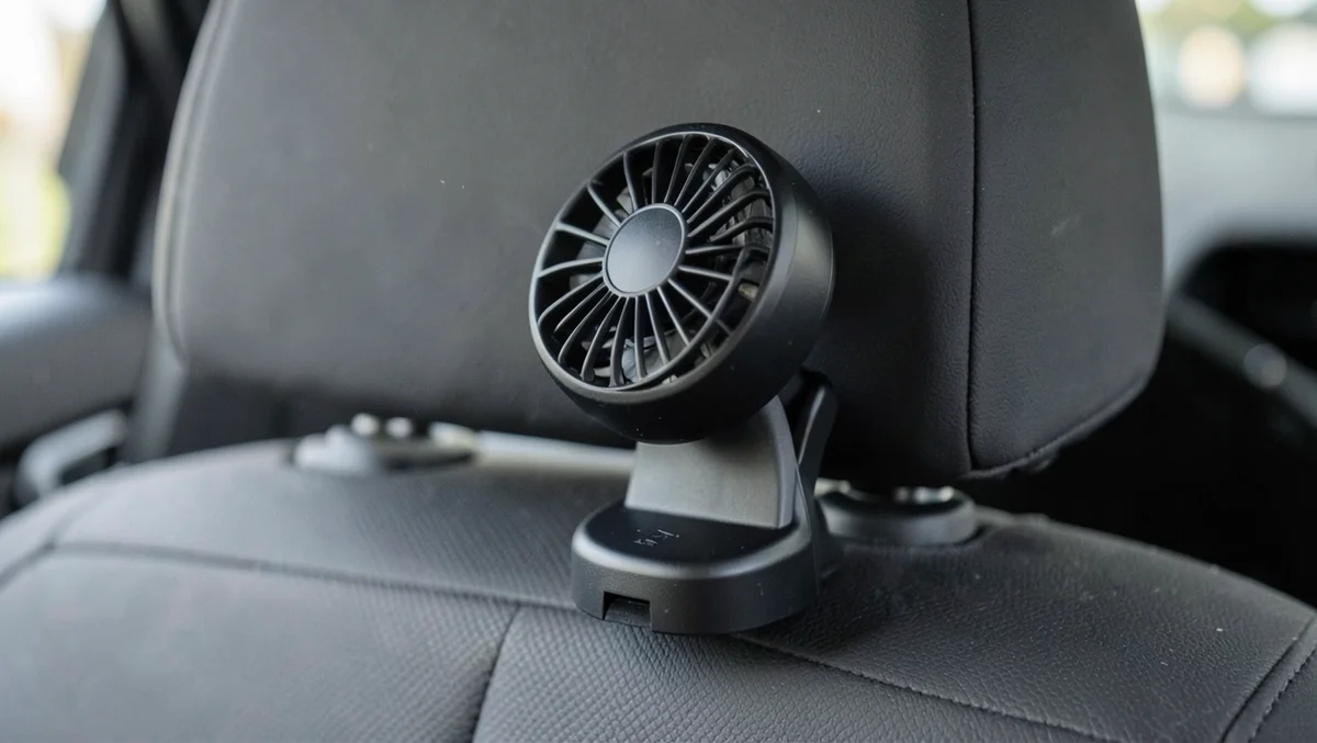 Small mini clip-on fan mounted to a car headrest blowing air toward the back seat