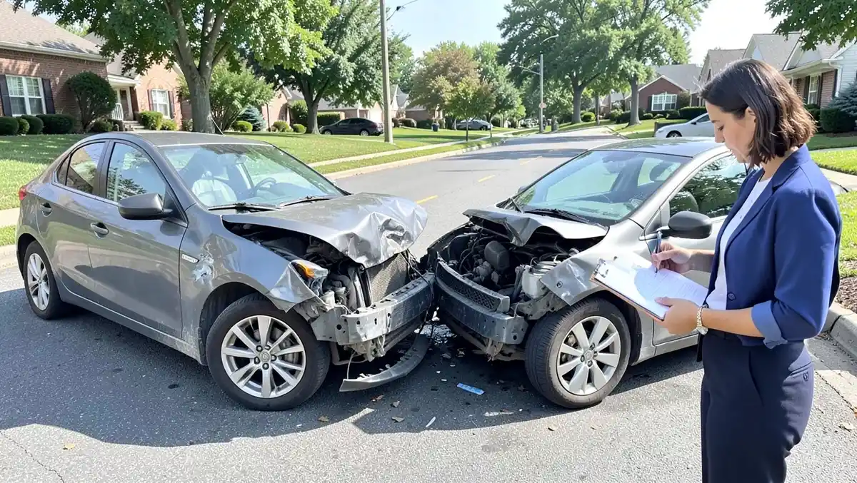 Two damaged cars after a minor collision with an insurance adjuster taking notes, illustrating liability coverage