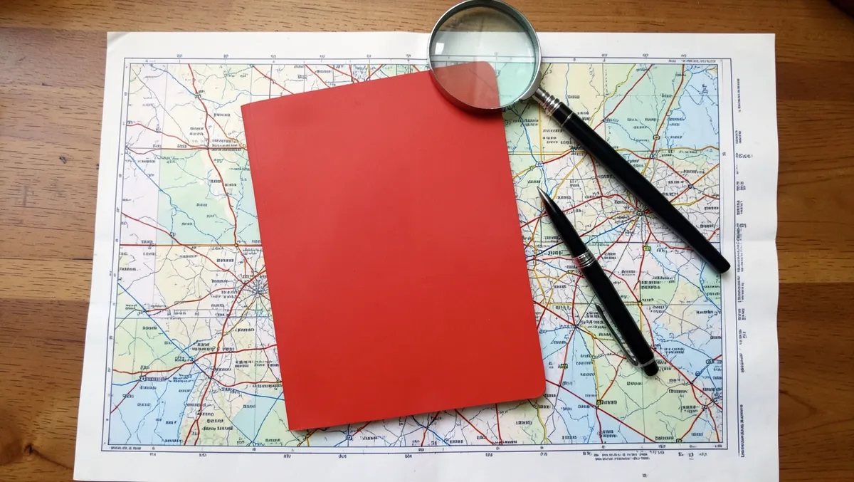 A United States road map with a folder, pen, and magnifying glass, representing state-by-state minimum insurance requirements