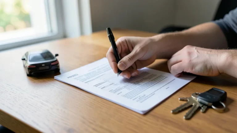 person signing a minimum car insurance policy document with car keys and a model car on the desk