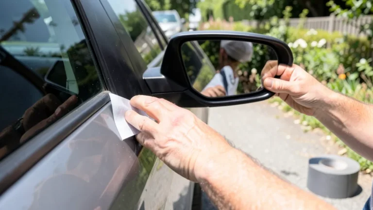 Applying automotive double-sided mounting tape to a car side mirror housing