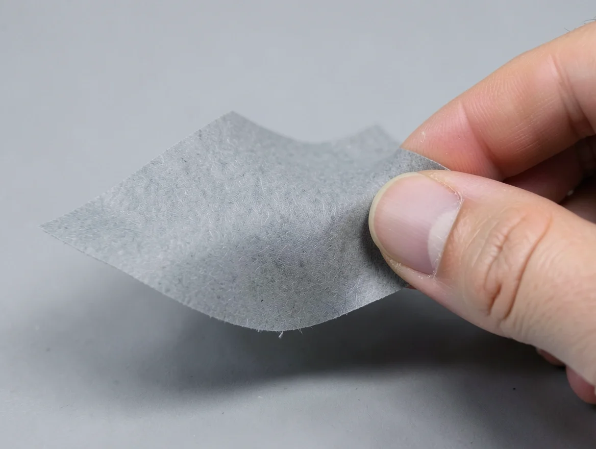 Close-up of gray double-sided foam automotive mounting tape being peeled from its backing