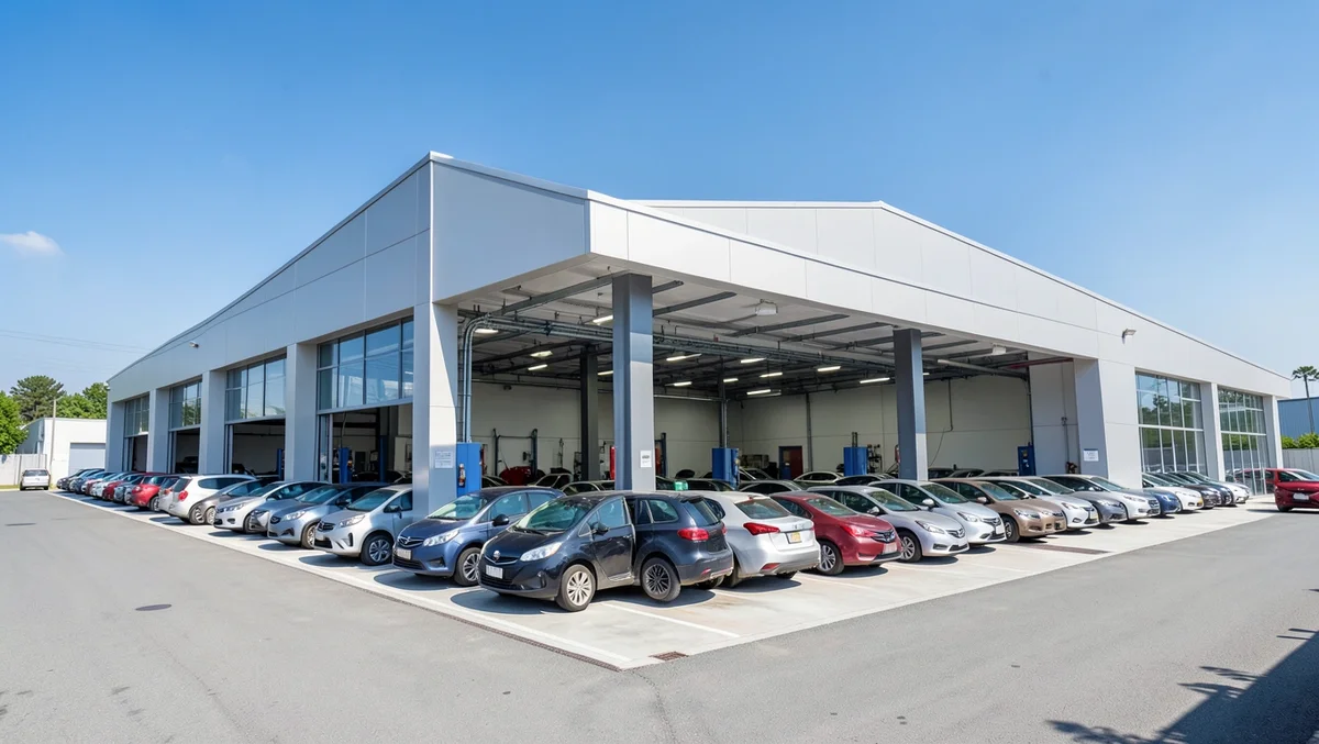 Exterior of a car wash and service facility with cars lined up outside
