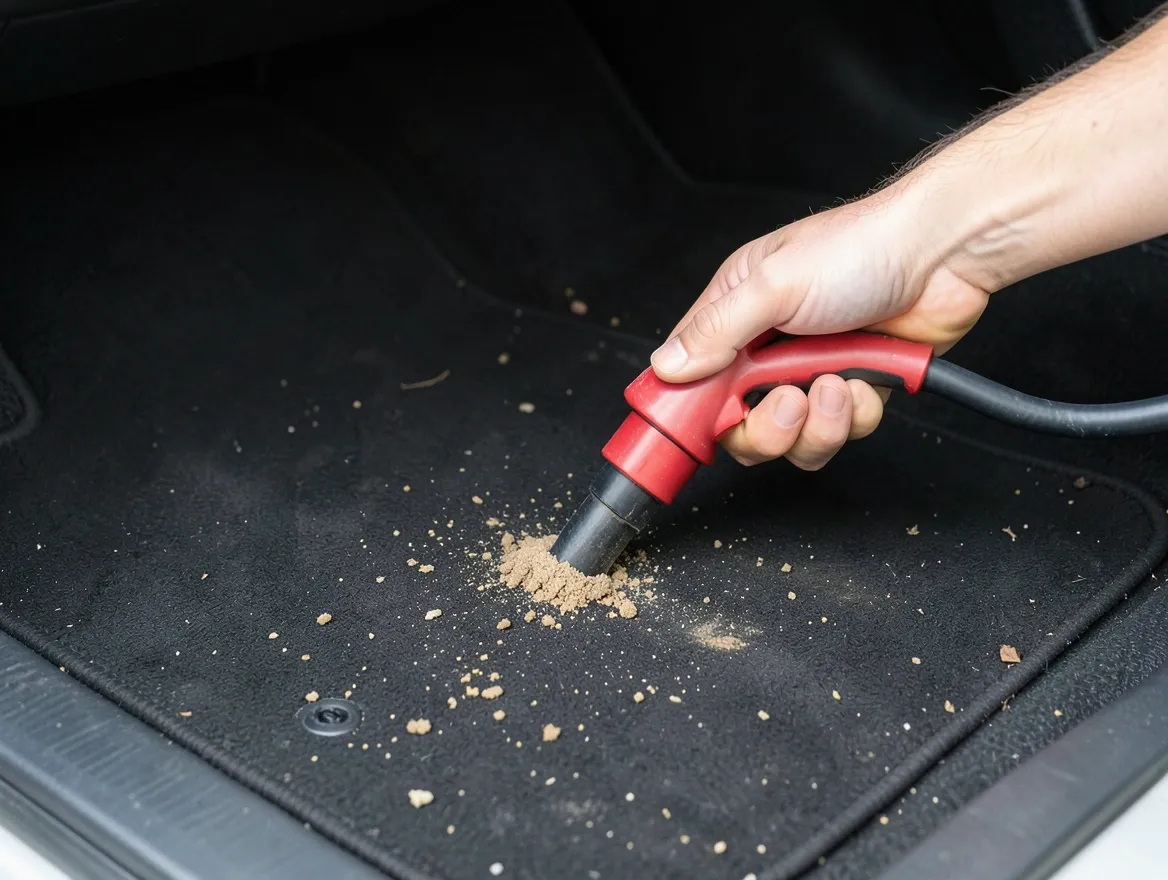 Hand using a red vacuum hose nozzle to clean loose dirt from a car floor mat