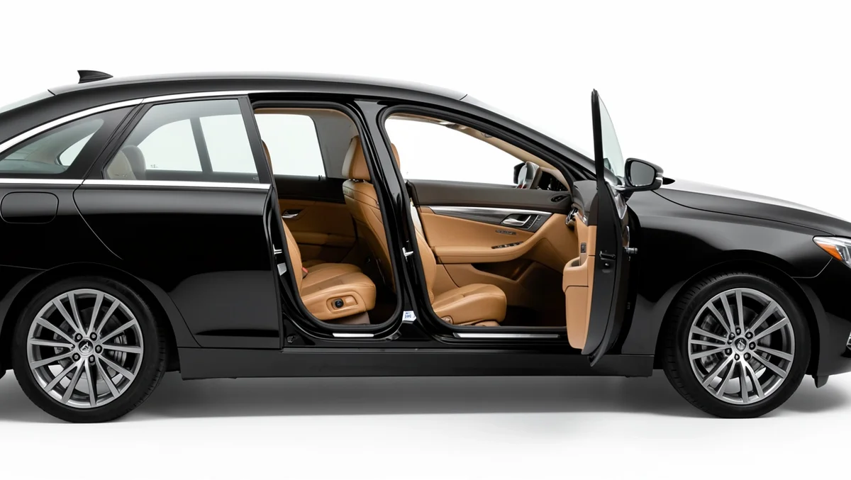 Modern luxury sedan with a rear coach door open showing the leather interior