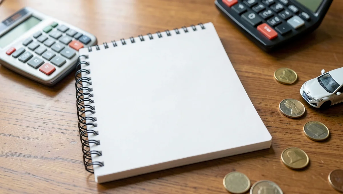 Notebook, calculator, and coins used for planning a monthly car insurance budget