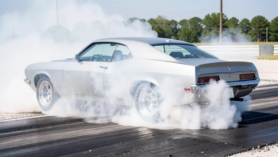 Muscle car performing a burnout at the start line of a drag strip before a quarter-mile run