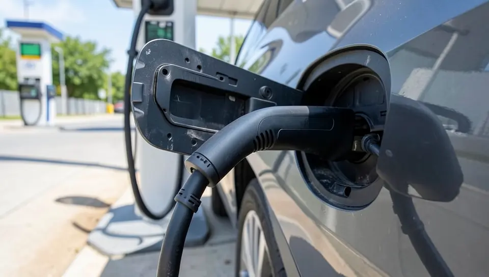 A charging adapter connected to an electric vehicle charging port at a public fast-charging station