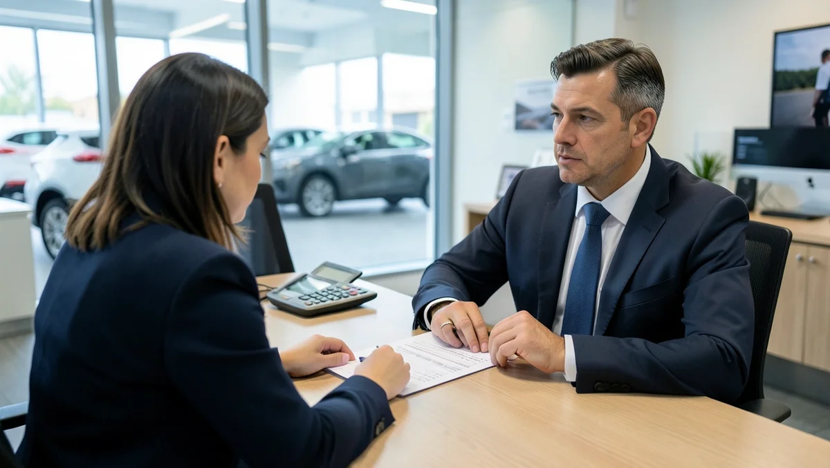 Finance manager and customer reviewing a price breakdown and calculator during fee and financing negotiation
