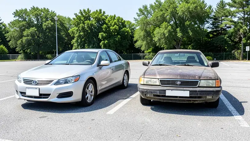 A new car and an older used car parked side by side