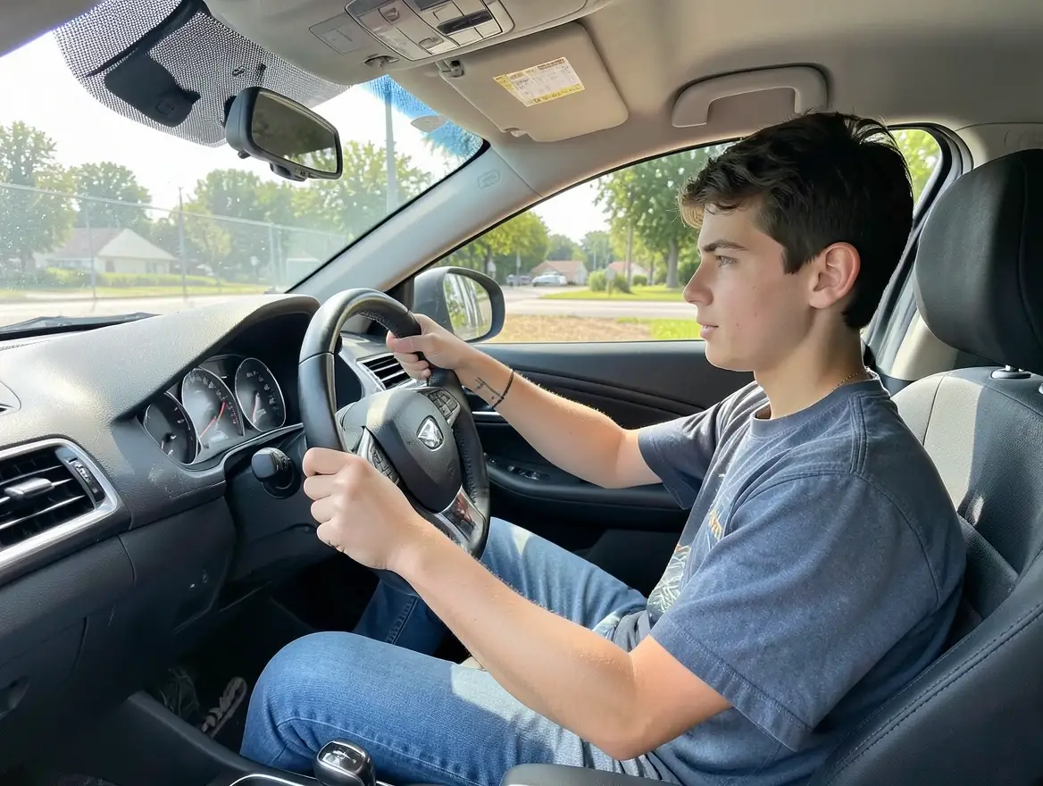 A new driver gripping the steering wheel of a sedan while driving