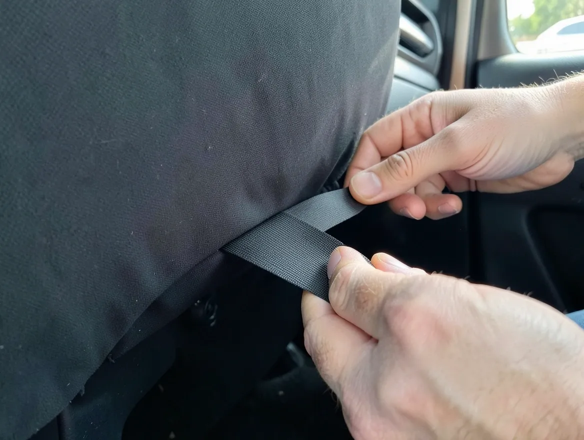 Hands securing the underside strap of a car seat cover during installation