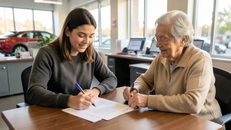 A young woman and an older family member sign car loan paperwork together at a dealership finance desk