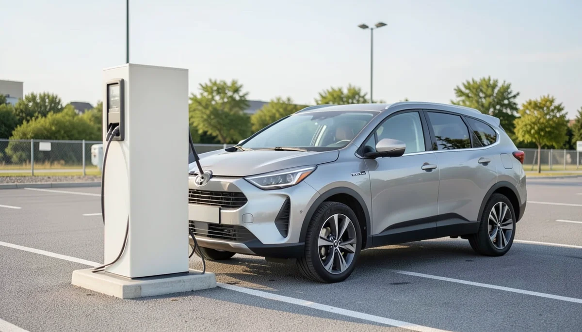 A non-Tesla electric SUV plugged in and charging at a public fast-charging station
