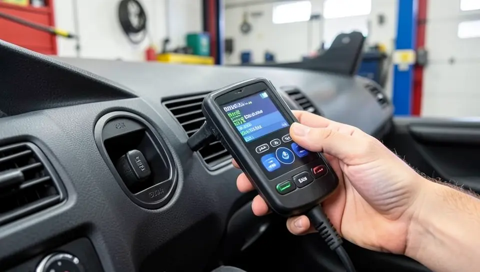 Mechanic using an OBD2 diagnostic scanner to check a car during routine maintenance