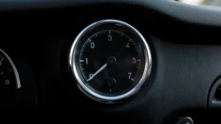 Close-up of an automotive oil pressure gauge dial on a car dashboard