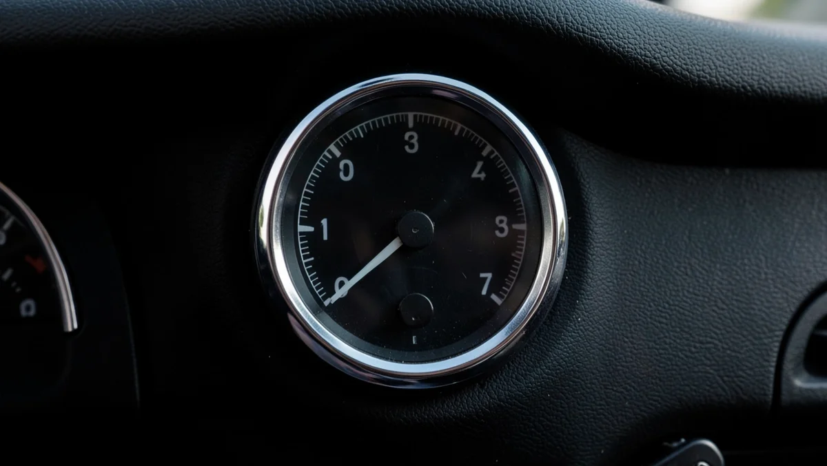 Close-up of an automotive oil pressure gauge dial on a car dashboard