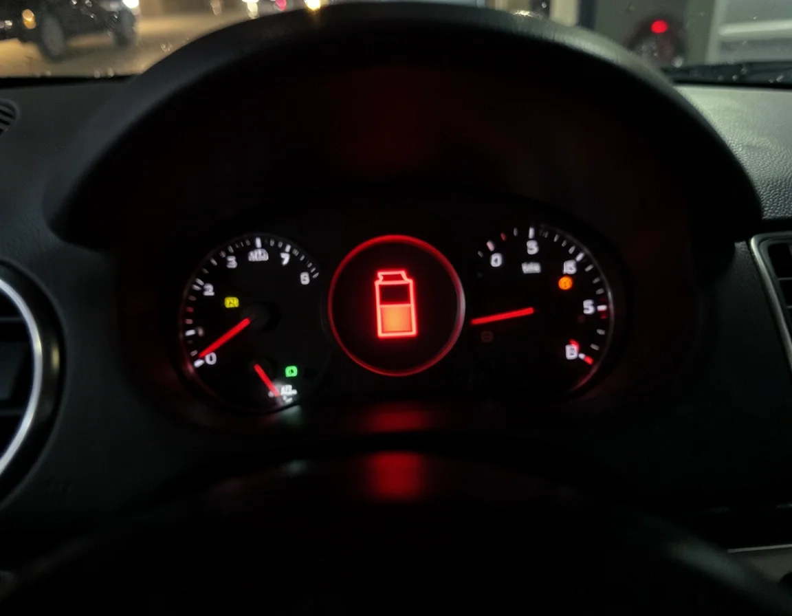 Illuminated red oil pressure warning light on a car dashboard at night