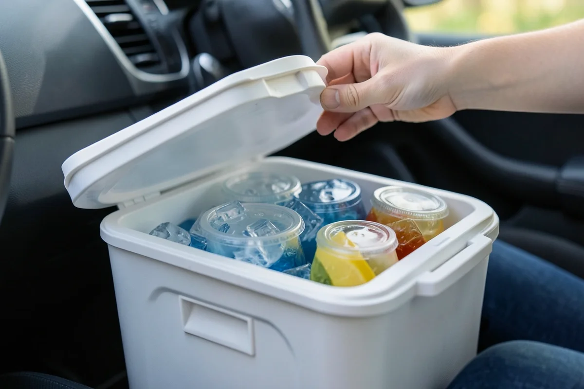 Hand lifting the lid of a portable car cooler freezer to reveal iced drinks inside a parked car