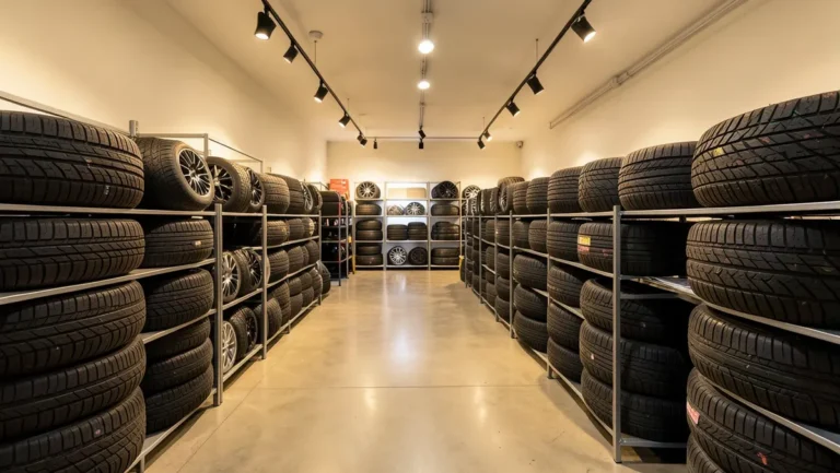 Rows of stacked new tires on display racks inside a budget tire shop
