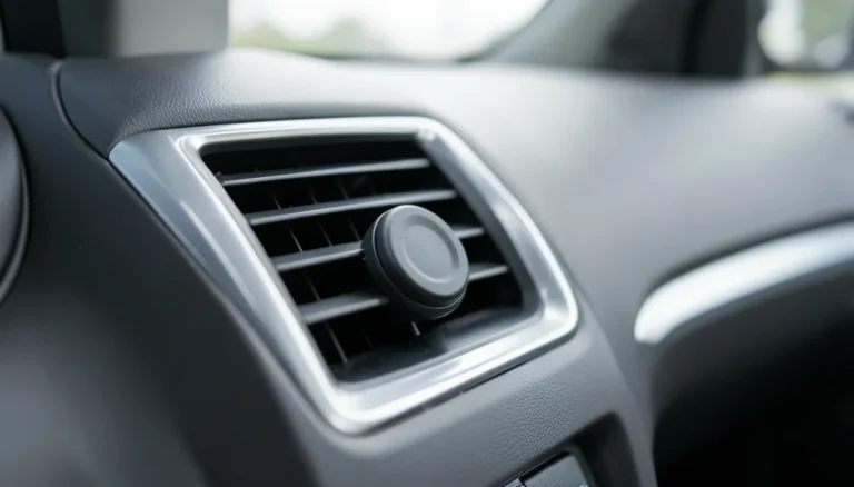 Black car air freshener clip attached to a car dashboard air vent