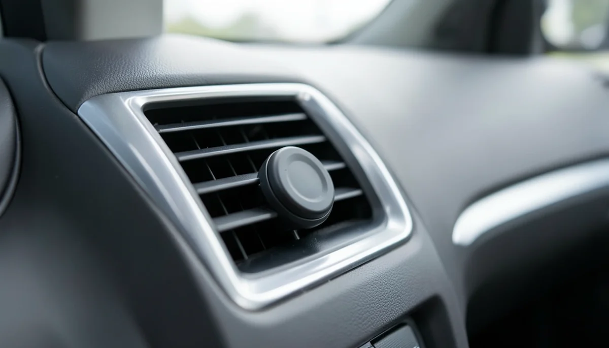 Black car air freshener clip attached to a car dashboard air vent