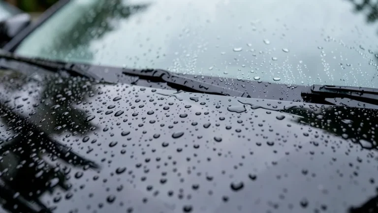 Raindrops beading up and rolling off a hydrophobic water-repellent car windshield and hood
