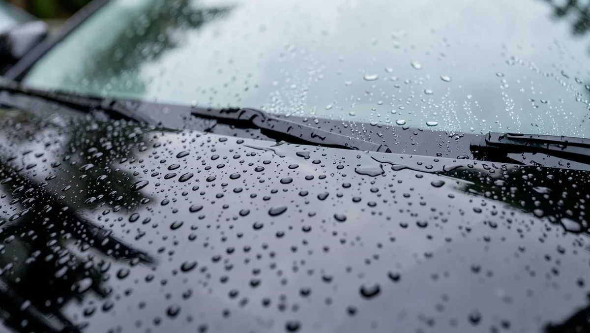 Raindrops beading up and rolling off a hydrophobic water-repellent car windshield and hood