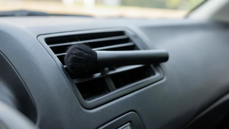 Soft-bristle car cleaning brush cleaning dust from a dashboard air vent
