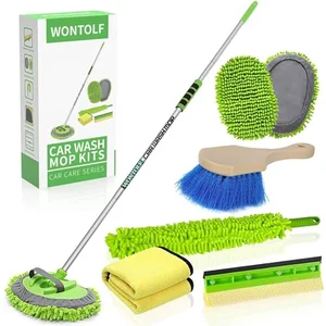 Wontolf long-handle chenille microfiber car wash brush kit with squeegee and wheel brush