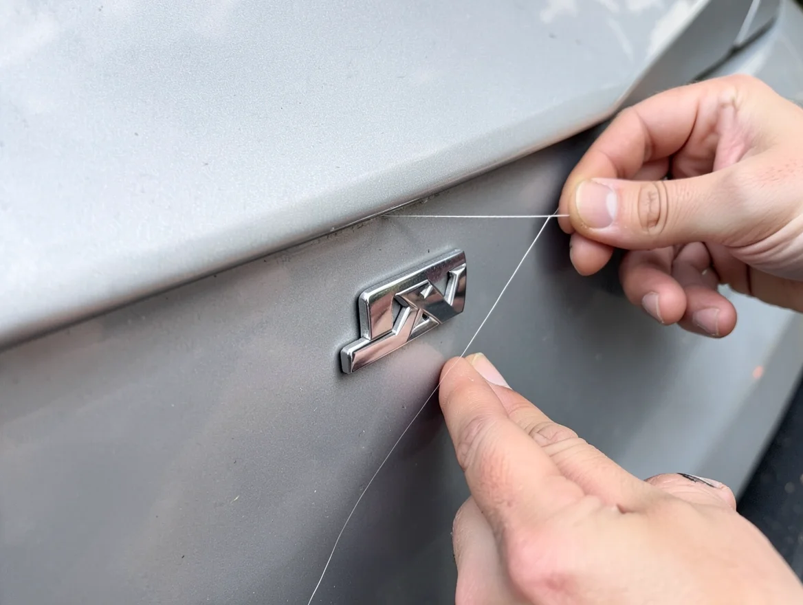 Thin fishing line being slid underneath a raised chrome dealership badge on a car trunk lid to cut the adhesive tape