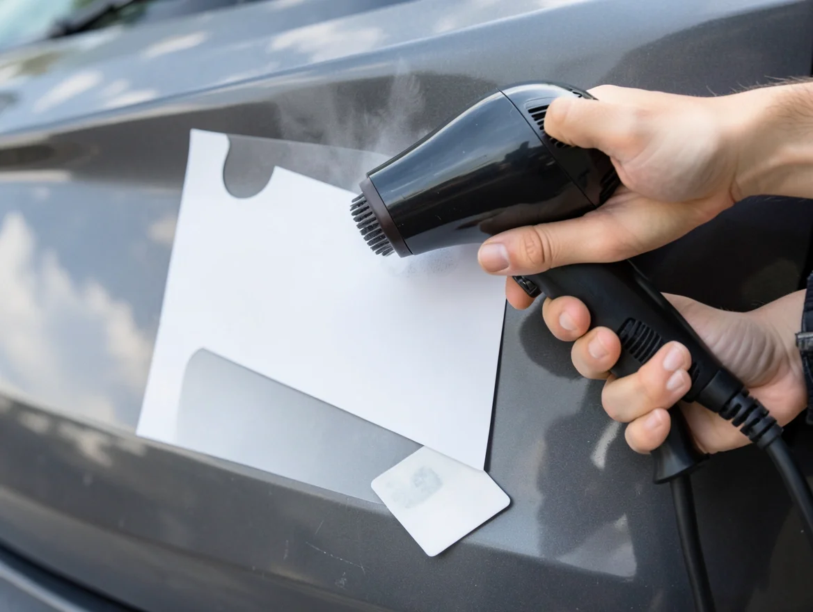 Hair dryer and plastic scraper card being used to warm and lift a dealership decal from a car trunk lid