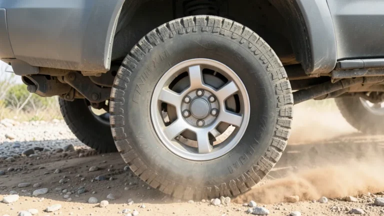 SUV wheel fitted with a rugged all-terrain tire kicking up dust on a gravel road
