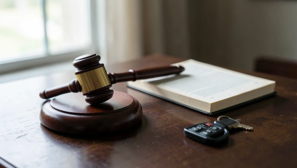 A judge's gavel, a law book, and a car key on a desk, representing Pennsylvania self-defense law