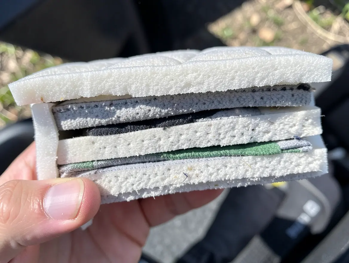Cross-section of a multi-layer EVA foam padded car cover showing the individual cushioning layers