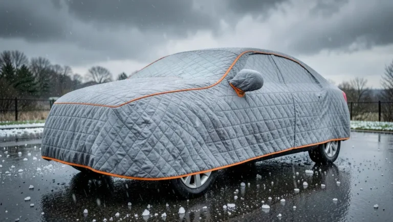 Thick padded quilted car cover with orange piping protecting a sedan during a hailstorm