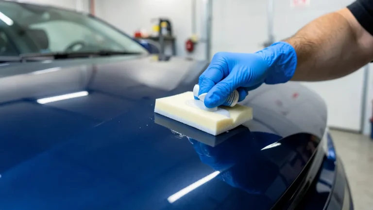 Person applying paint sealant to a car hood with a foam applicator pad