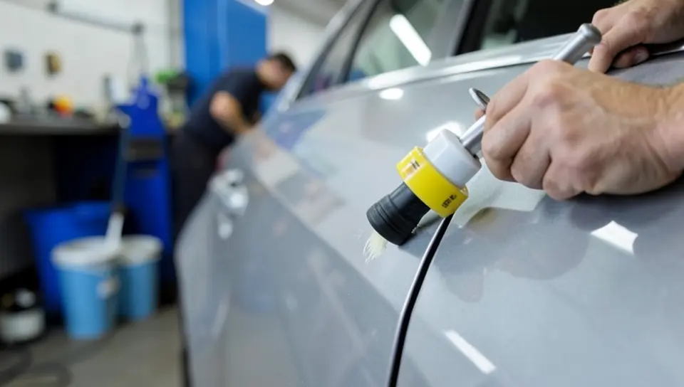 Technician using a paintless dent repair glue-pull tool on a car door panel