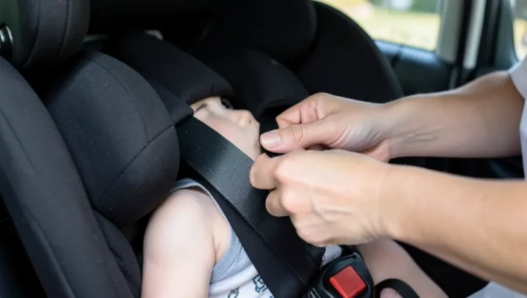 Parent tightening the shoulder harness strap on a toddler car seat