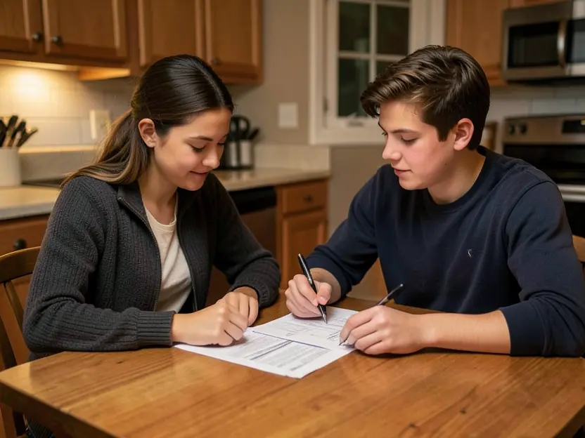 Parent and teenage driver reviewing car insurance documents together at the kitchen table