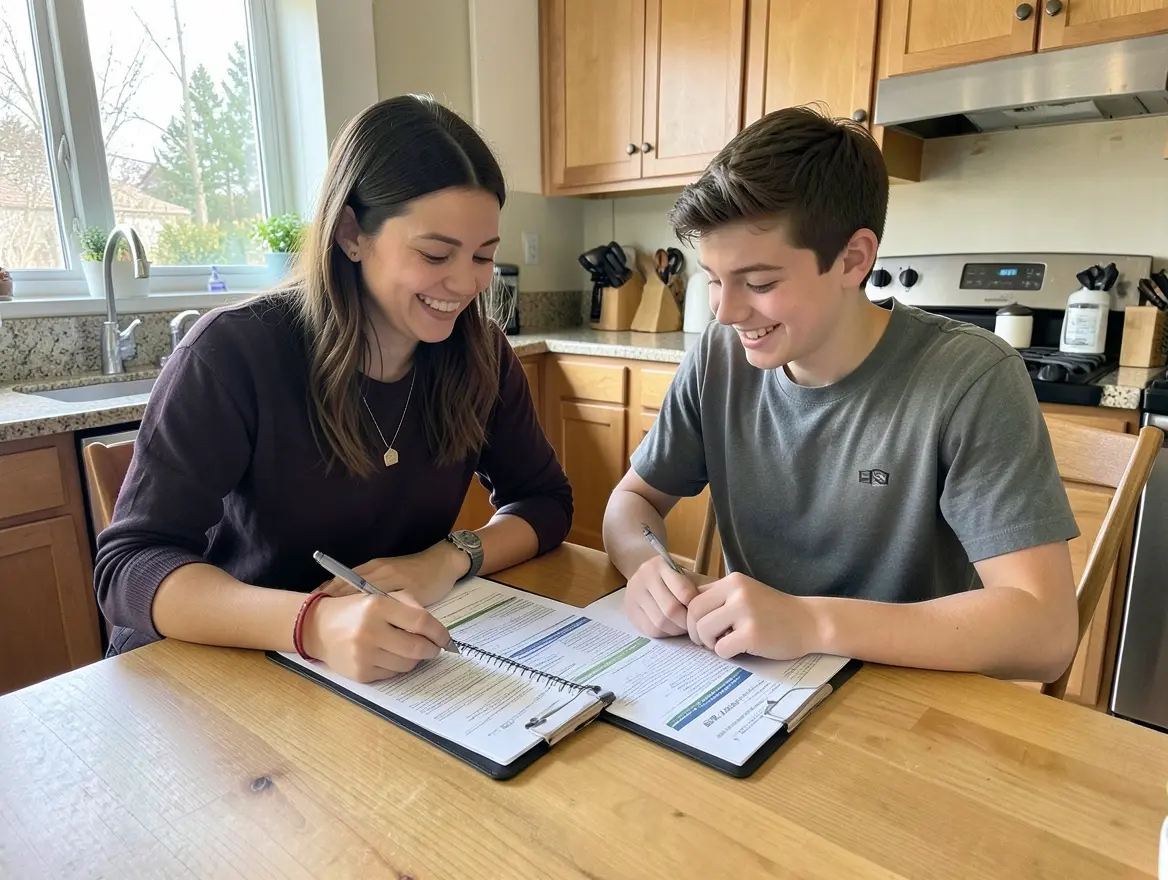 A parent and teenage driver reviewing car insurance paperwork together at a kitchen table